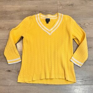 Chaps Classics Preppy XL Yellow Cable Knit V-Neck Cotton Sweater Golf Tennis